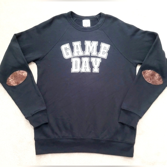love bambi Tops - Love Bambi Black "Game Day" Sweatshirt Size Large Elbow Patch Football Sequin